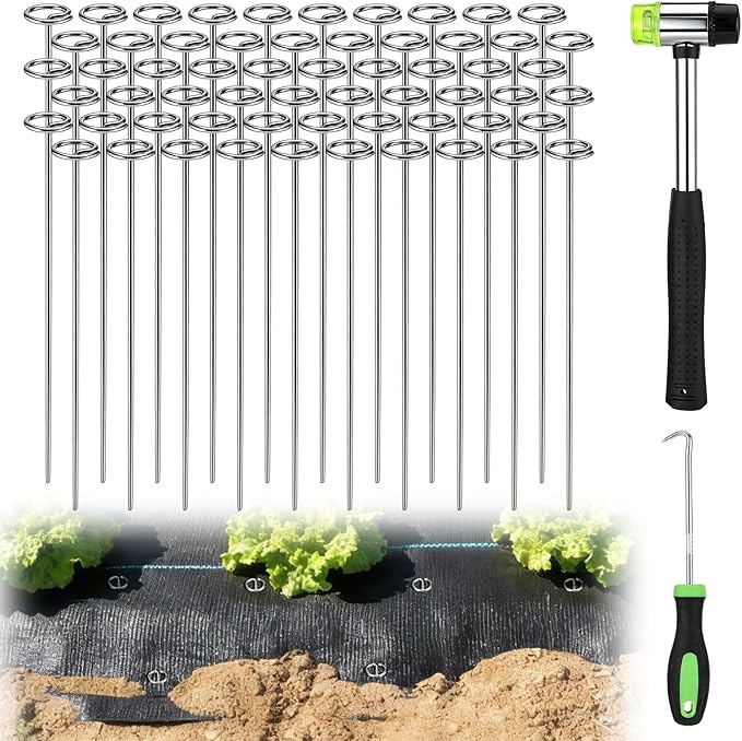 12 Inch Landscape Staples with Hook & Hammer - 60pcs Circle Top Weed Barrier Stakes Kit, 9 Gauge Galvanized Rust-Resistant Garden Fabric Pins, for SOD, Garden Edging, Install & Remove Tools Included