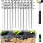 12 Inch Landscape Staples with Hook & Hammer - 60pcs Circle Top Weed Barrier Stakes Kit, 9 Gauge Galvanized Rust-Resistant Garden Fabric Pins, for SOD, Garden Edging, Install & Remove Tools Included