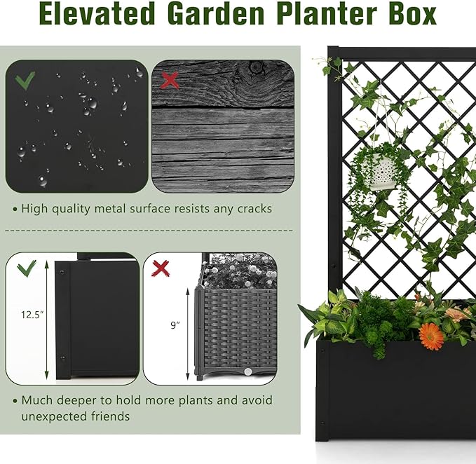 HAPPYGRILL 2 Raised Garden Bed with Trellis, 44” Metal Elevated Garden Box for Climbing Plants Vine, Outdoor Planter Box for Yard, Garden, Balcony