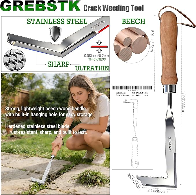 GREBSTK Crack Weeder Crevice Weeding Tool Stainless Steel Manual Weeder Gardening Tool