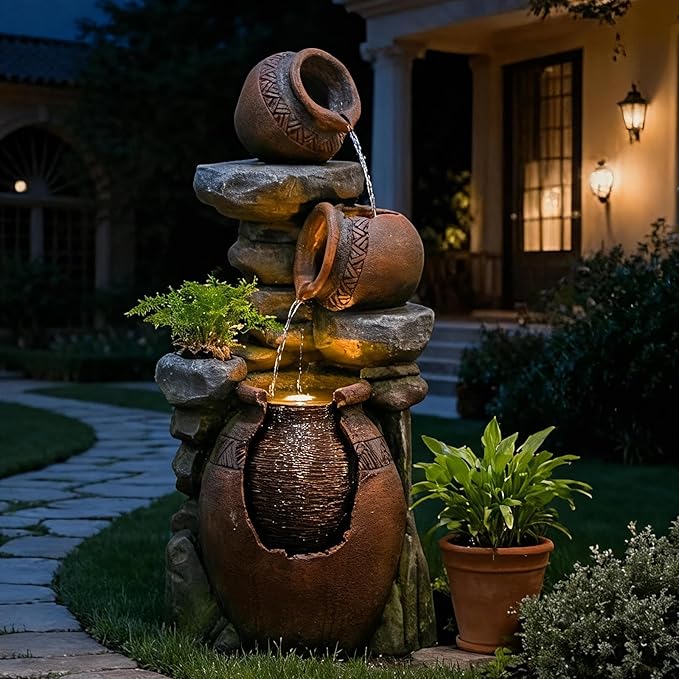 Bumilgar Outdoor Garden Water Fountain for Garden, Patio, Backyard, Deck, Porch and Home Art Decor, 3 Tiers Modern Cascading Outdoor Fountain with Lights 38.4" H