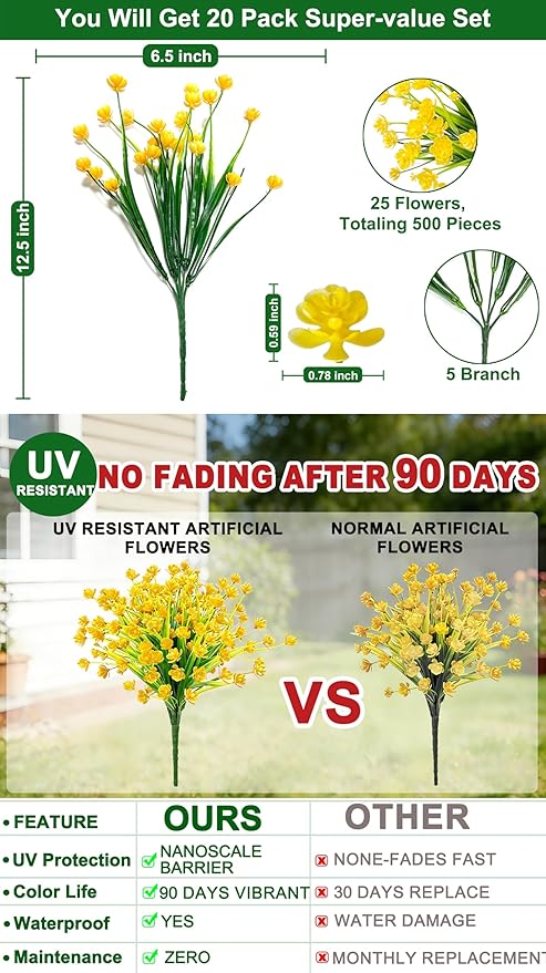 TURNMEON 20 Bundles Artificial Flowers for Outdoors, Spring Grass Camellia Fake Flowers Plastic Plants,UV Resistant No Fade Faux Greenery for Gardens Porch Yards Summer Cemetery Decor 500 Head(Yellow)