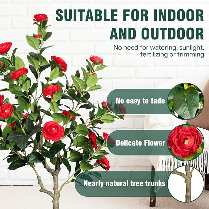 Artificial Camellia Tree 5FT, Red Flower Tree in White Pot, Faux Outdoor Indoor Plant, Christmas,Potted Artificial Flower for Home Office Housewarming Porch Decor (61'' Height)