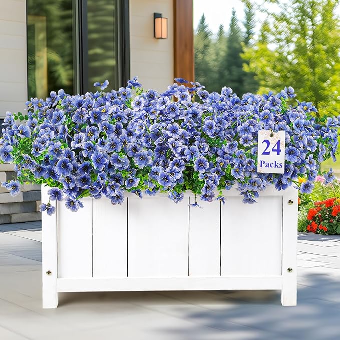 Alupssuc 24 Bundles Artificial Flowers for Outdoors Decoration, UV Resistant Silk Faux Daisy Flora Spring Fake Plastic Plants Greenery for Outside Indoor Yard Home Porch Window Box Decor, Blue