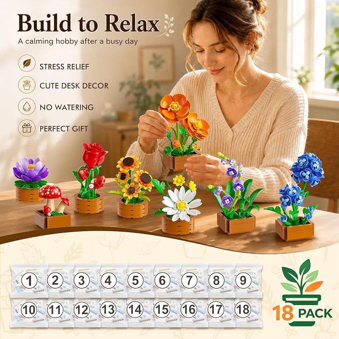 CUBIMANA 18 Unique Flowers Botanical Collection Mini Building Set, Tiny Flowers, Succulents & Plants with 3.6mm Mini Blocks, Desk Decor for Home Office, Relaxing DIY Gift for Women Adults Kids 12+