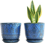 Gepege Beaded Ceramic 6 Inch Planter Set of 2 with Drainage Hole and Saucer for Plants, Indoor-Outdoor Large Round Succulent Orchid Flower Pot (Blue, Inner-pots not Larger Than 5 Inch)