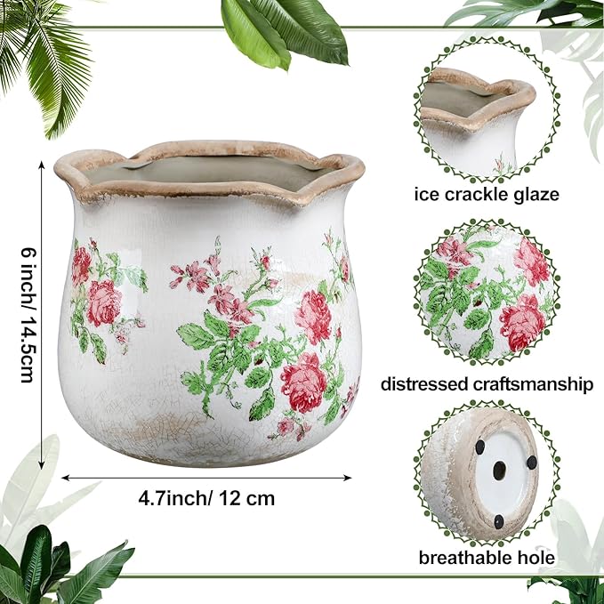 Newtay 6 Inch Ceramic Plants Pots Vintage Ceramic Flower Planters Crackle Glaze Finish Flower Pots Decorative Floral Vintage Planters for Living Room Garden Home Decor Gifts(Classic)