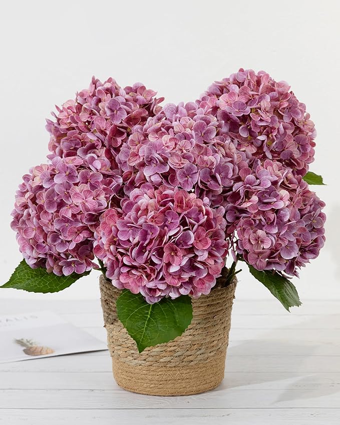 DuHouse 3Pcs Large Hydrangea Artificial Flowers,20 inch Latex Real Touch Hydrangeas with Long Stems & Leaves for Home Decor Party Floral Arrangements Wedding Bouquets Centerpieces(Rose Red)