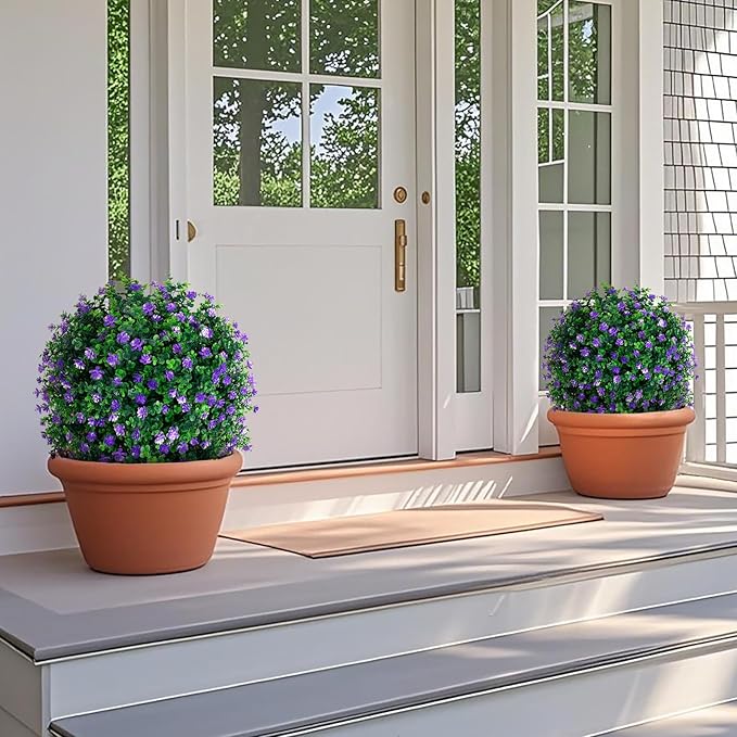 Grooy Artificial Boxwood Topiary Tree with Flower, Set of 2 Artificial Shrub Bushes with Ground Spike, Fake Evergreen Tree for Porch, Artificial Plants for Outdoor Planters Indoor UV Resistant