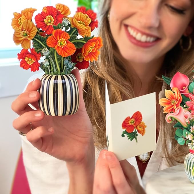 Freshcut Paper Pop Up Cards, Mini French Poppies, 6 Inch Mini Sized Forever Flower Bouquet 3D Popup Greeting Cards, Birthday Cards, Thank You Card, Blank Notecard & Envelope