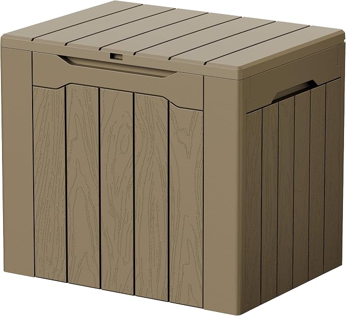 Devoko 29 Gallon Waterproof Outdoor Storage Box Resin Deck Box Lockable and UV Resistant for Patio Furniture, Garden Tools (Light Brown, 29 Gallon)