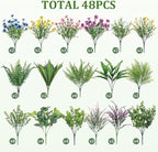 Alupssuc 48Pcs Artificial Flowers and Plants,UV Resistant & No Fade Fake Plastic Greenery Shrubs for Home Garden, Pathway, Front Porch-Spring Summer Decor, Indoor/Outdoor Use,Pink Purple Yellow Blue