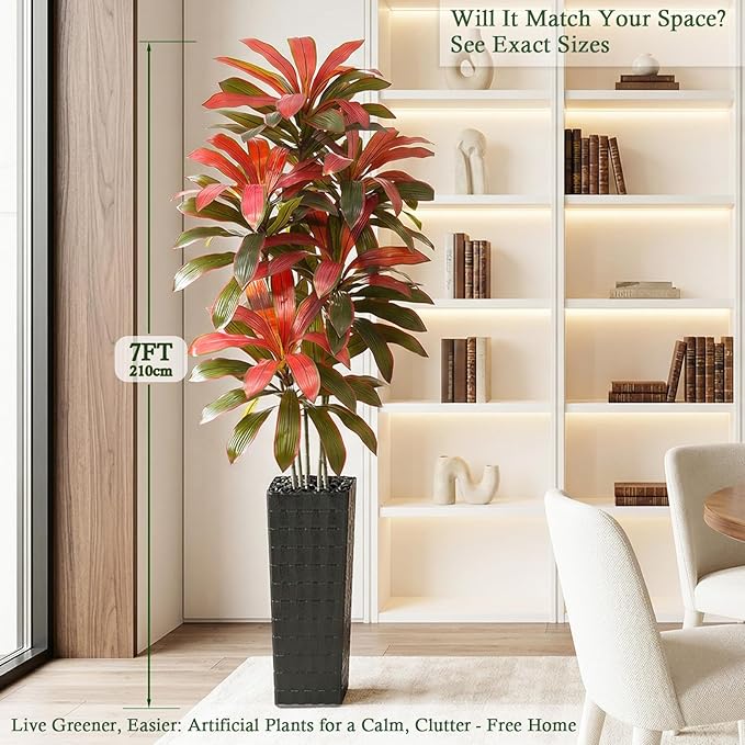 Artificial Dracaena Tree：7FT Faux Silk Tropical Yucca Floor Trees Realistic Fake Green Plant with Natural Wood Trunk & Lifelike Leaves for Home Office Decor Indoor & Outdoor (7FT,1-Pack,Black)