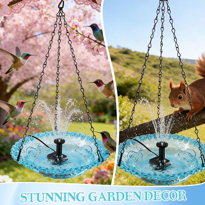 Hanging Bird Bath with USB Nozzle Fountain, USB Powered Bird Bath Fountains for Outside, Garden Patio Yard Decor with Adjustable Chain, Blue