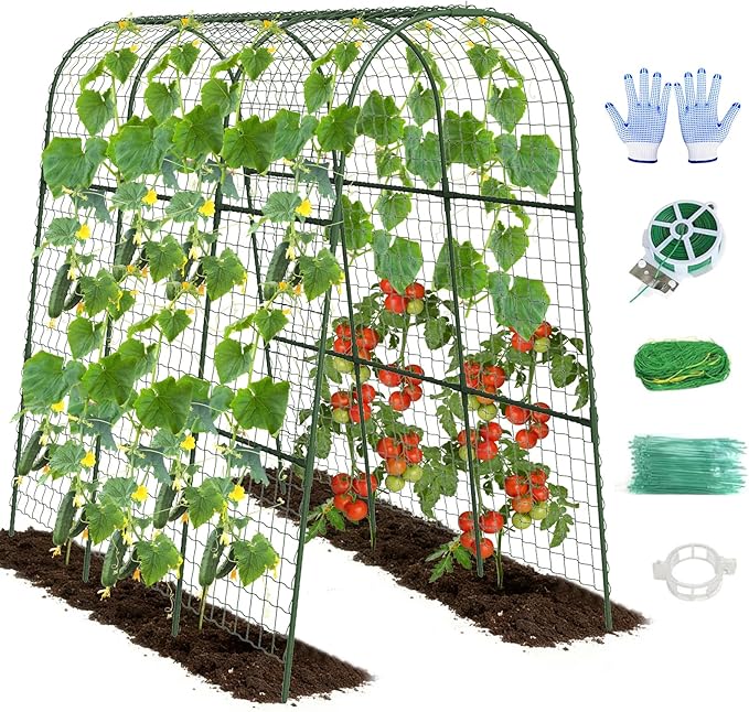 Cucumber Trellis, Metal Garden Arch Trellis for Raised Bed, 48 x 48inch U-Shape Garden Trellis for Climbing Plants Outdoor, Vegetables Fruit Plant Support with Netting, Gardening Supplies (Green)