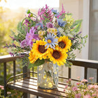Sunflower Fake Flowers in Vase, Wildflowers Artificial Flowers with Vase for Table Centerpieces Decor, Silk Flower Bouquet Faux Arrangements Kitchen Bathroom Wedding Cemetery Gravesites Decoration