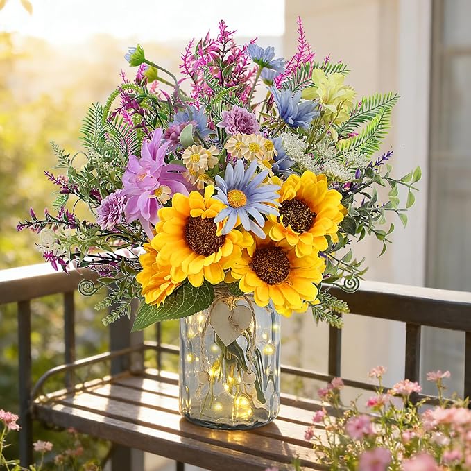 Sunflower Fake Flowers in Vase, Wildflowers Artificial Flowers with Vase for Table Centerpieces Decor, Silk Flower Bouquet Faux Arrangements Kitchen Bathroom Wedding Cemetery Gravesites Decoration