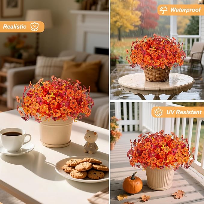 INXUGAO Artificial Fake Mums Fall Flowers for Outdoor Outside Decoration 12 Bundles Faux Silk Flowers Plants Realistic Daisy UV Resistant Fall Décor Autumn Front Door Porch Patio Yard Decoration