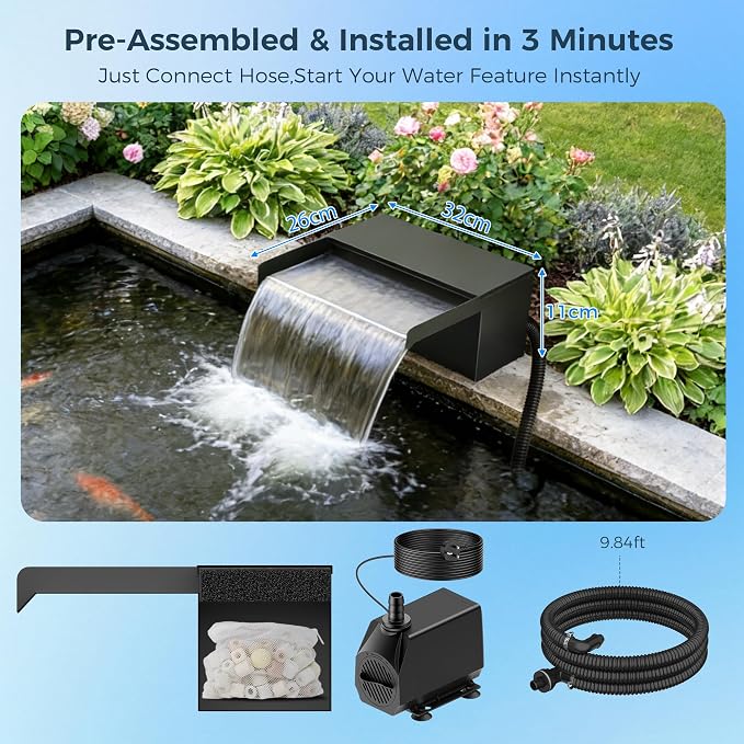 Biling Pond Waterfall Spillway Kit, 12.2” Wide Waterfall Box with 660 GPH Water Pump, Multi-Stage Filtration & Metal Lid, DIY Waterfall Spillway for Koi Pond, Backyard Stream and Rockery
