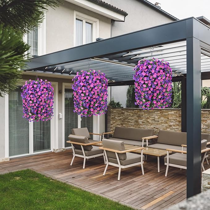 Artificial Flowers Baskets for Outdoor Decoration, Fake Hanging Plants Silk Dark Purple Fuchsia Daisy Mums Trailing Vines in Planter Realistic UV Resistant for Balcony Porch Decor
