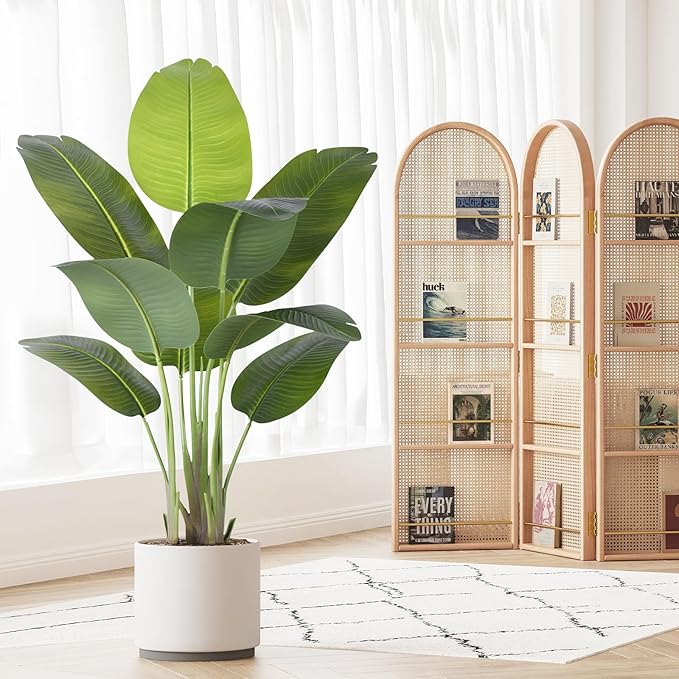 Artificial Bird of Paradise Plant 4Ft Tall Fake Tropical Palm Tree Large Fake Plants with 9 Silk Banana Leaves Faux Plant Indoor Decor Trees with White Pot for Home Bedroom Living Room Office