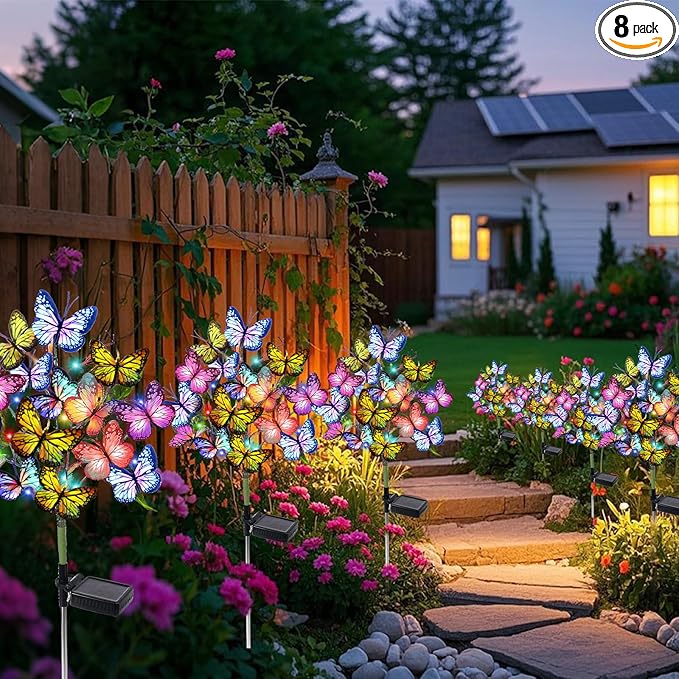 Adecorty Solar Garden Lights Outdoor Waterproof Decorative Solar Lights Outdoor 8 Pack with 176 LED 136 Butterfly Flower Garden Decor Yard Decorations Patio Lawn, Gifts for Mother's Day Mom Women