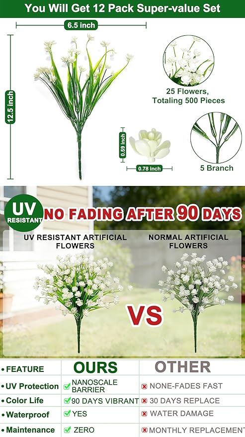 12 Bundles Artificial Flowers for Outdoors Summer Decor, Realistic UV Resistant Fake Plants Faux Plastic Flowers for Outside Planter Home Gardens Patio Porch Yards Spring Cemetery Decor(White)