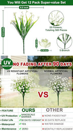 12 Bundles Artificial Flowers for Outdoors Summer Decor, Realistic UV Resistant Fake Plants Faux Plastic Flowers for Outside Planter Home Gardens Patio Porch Yards Spring Cemetery Decor(White)