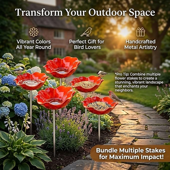 24" Handmade Metal Flower Garden Stake Bird Bath - Detachable Anti-Slip Bee Watering Station & Butterfly Puddler - Rustic Outdoor Art, Garden Gift for Bird Watchers, Mom & Seniors (Purple 1pcs)