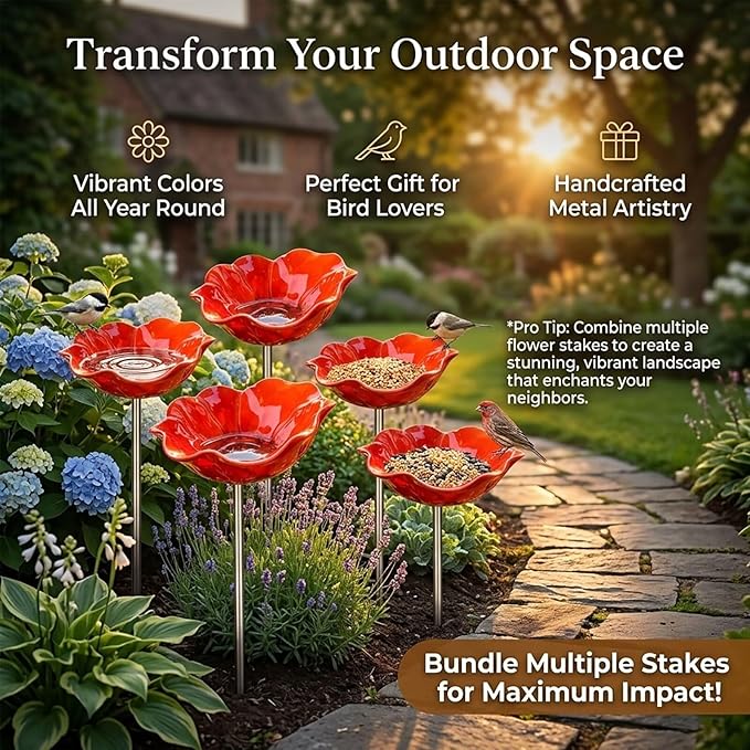 24" Handmade Metal Flower Garden Stake Bird Bath - Detachable Anti-Slip Bee Watering Station & Butterfly Puddler - Rustic Outdoor Art, Garden Gift for Bird Watchers, Mom & Seniors (Yellow 2pcs)