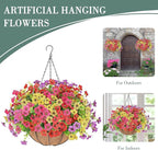 Artificial Flowers Hanging Plants in Basket,Artificial Hanging Flowers for Outdoor Indoor Decor,UV Resistant hanging Baskets with Fake Flowers for Spring Summer Patio Garden Porch Deck Home Decor