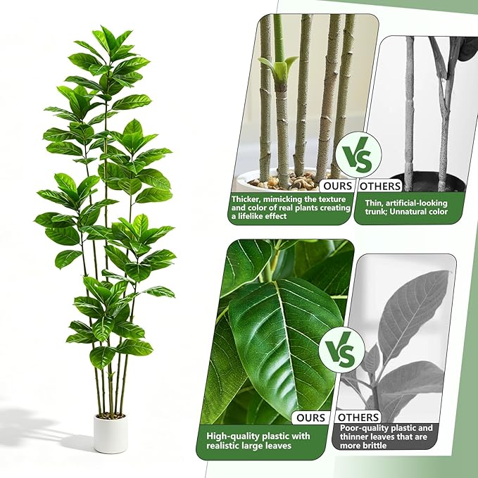 Ficus Tree Artificial Plants Indoor, 7FT Tall Fake Trees in White Pot, Large Potted Silk Floor Plant Artificial Trees, Green Lifelike Faux Ficus Tree for Home Room Office Porch Decor-Green