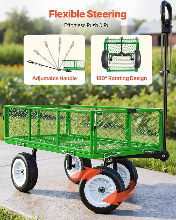 VEVOR 900 LBS Steel Garden Cart, 2 in 1 Handle, Heavy Duty Pullable Garden Wagon with 10" Flat-Free Tires, Outdoor Utility Yard Wagon Cart with Detachable Side Panels, Attach to ATV or Tractor