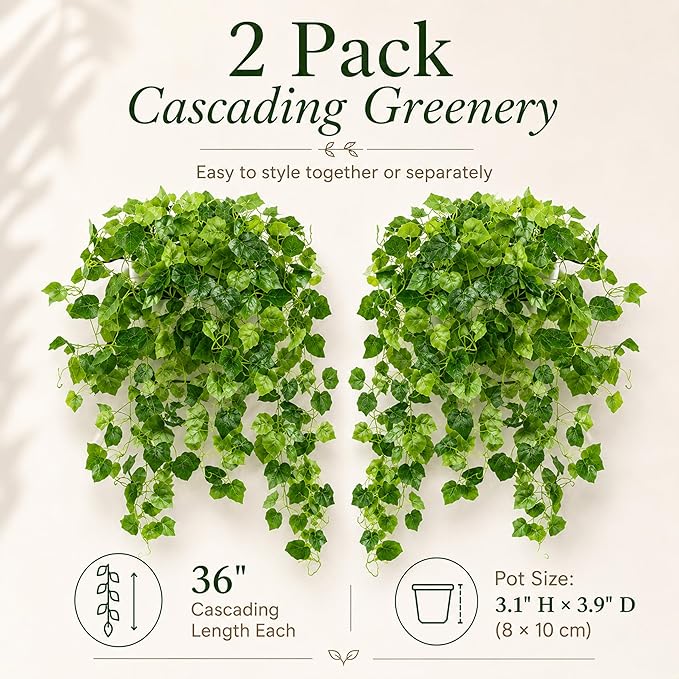 36" Faux Hanging Ivy Plants in White Pots, 2 Pack Fake Pothos Artificial Hanging Plants with 168 Leaves Each & Pebble Topping, Fake Greenery Decor for Shelf Bathroom Office Living Room
