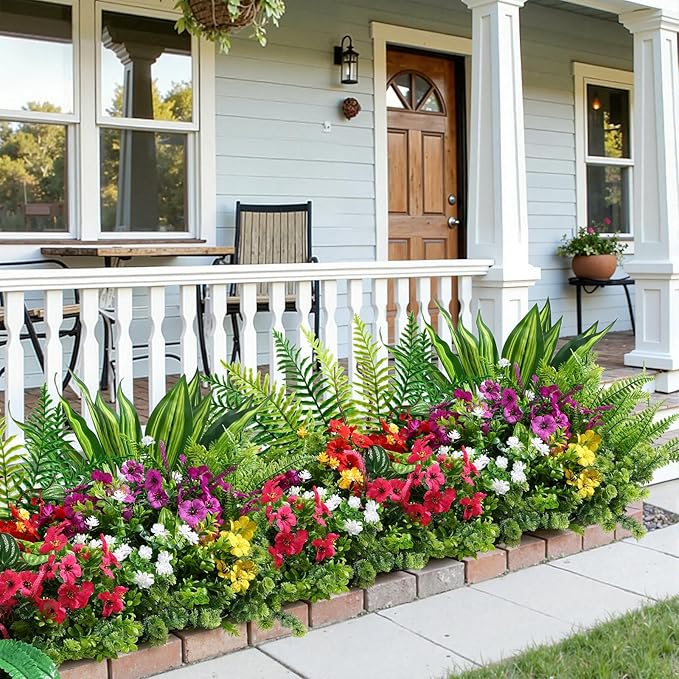 Alupssuc 48 Pcs Artificial Plants Flowers for Outdoors, Realistic Faux UV Resistant Greenery & Silk Flowers,Fake Plastic Shrubs Stems No Fade for Indoor Outside Garden Patio Spring Planter Home Decor