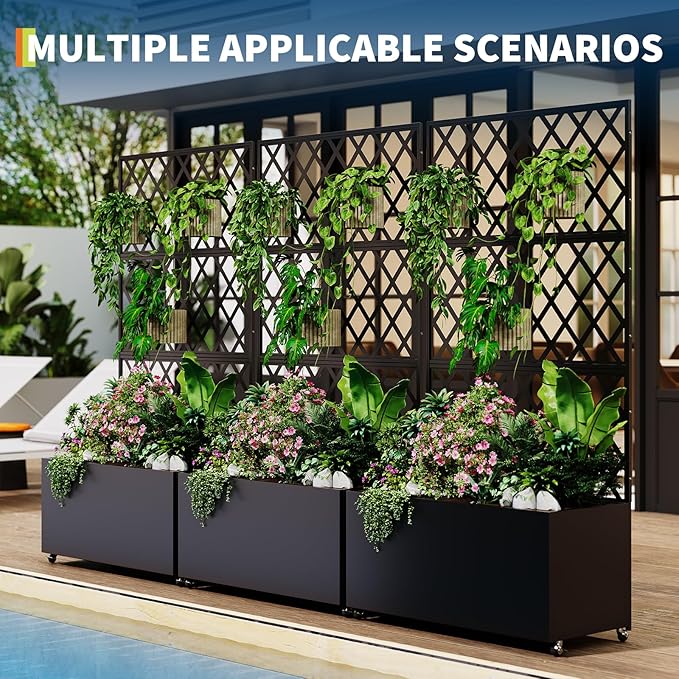 IDEAHOUSE Steel Raised Garden Bed w/Trellis & Privacy Screen - 71x35x16 in Planter Box w/Lockable Casters, Drainage Holes for Vines, Vegetables on Patio, Deck, Yard, Black