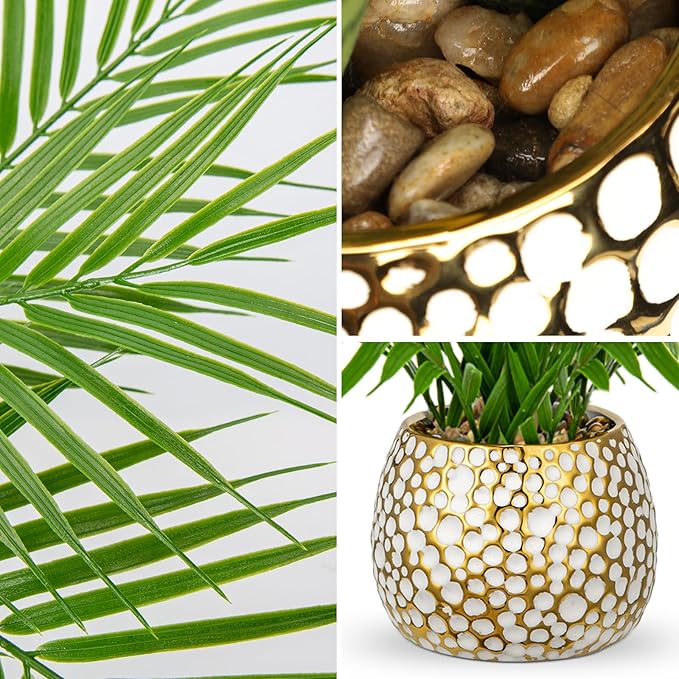 Briful Fake Plants 15'' Faux Palm Plant in Gold-White Pot Realistic Artificial Plants Indoor for Home Farmhouse Centrepieces Wedding Decorations