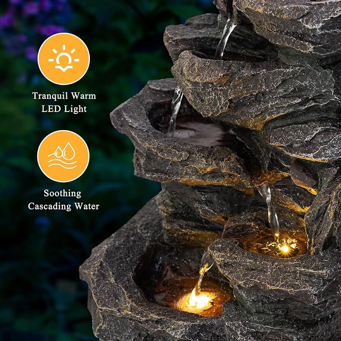 Solarbloom 18.8" H Garden Fountains Outdoor,6-Tier Spiral Cascading Stacked Waterfall Fountain with LED Lights, Freestanding Resin Water Feature for Patio Garden Backyard Deck Home Decor