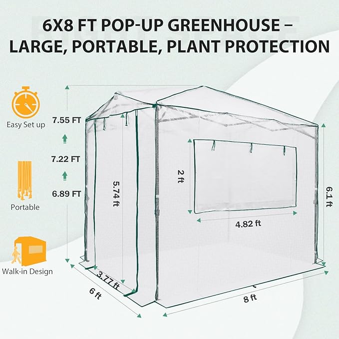 EAGLE PEAK 8x6 Portable Walk in Greenhouse, Pop Up Indoor Outdoor Greenhouse, Green House Kit with Zippered Roll-Up Doors and Windows, PE Cover, Clear/White