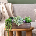 Winlyn 15" Assorted Artificial Succulent Arrangement Assorted Succulents in Rectangular Wooden Planter Faux Potted Plant for Farmhouse Table Centerpiece Windowsill Shelf Desk Mantel Greenery Décor