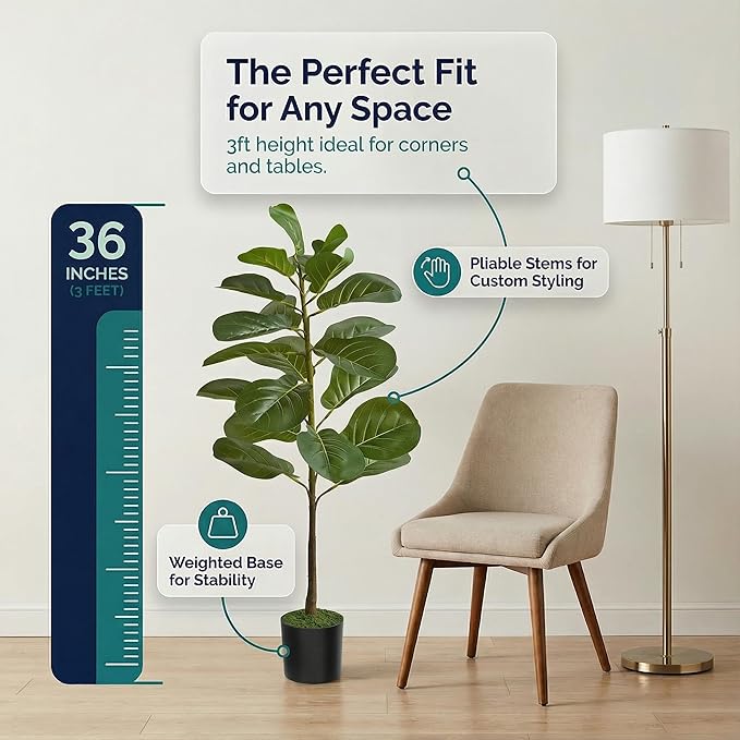 Artificial Fiddle Leaf Fig Tree 3ft (36 Inch) Tall - with Remote LED Spotlight - Realistic Faux Potted Plant & Moss for Living Room & Office Decor