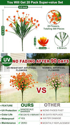 20 Bundles Artificial Flowers for Outdoors Summer Decor-UV Resistant No Fade Fake Mums Faux Plants Plastic Flowers Greenery for Home Porch Gardens Fireplace Patio Indoor Outsides Decor(Orange Red)