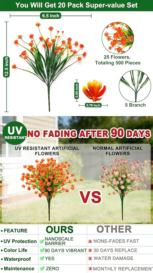 20 Bundles Artificial Flowers for Outdoors Summer Decor-UV Resistant No Fade Fake Mums Faux Plants Plastic Flowers Greenery for Home Porch Gardens Fireplace Patio Indoor Outsides Decor(Orange Red)