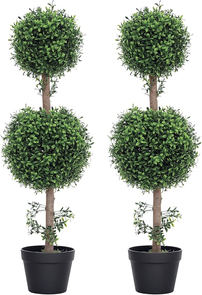 HOMCOM Artificial Plants Topiary Ball-Shaped Boxwood Trees in Pot Set of 2 Fake Plants for Home Indoor Outdoor Front Porch Decor, 36 Inch, Green
