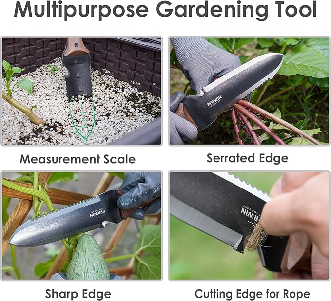PERWIN Hori Hori Garden Knife, Garden Tools with Sheath for Weeding, Planting, Digging, 7" Stainless Steel Blade with Cutting Edge, Full-Tang Wood Handle with Hanging Hole