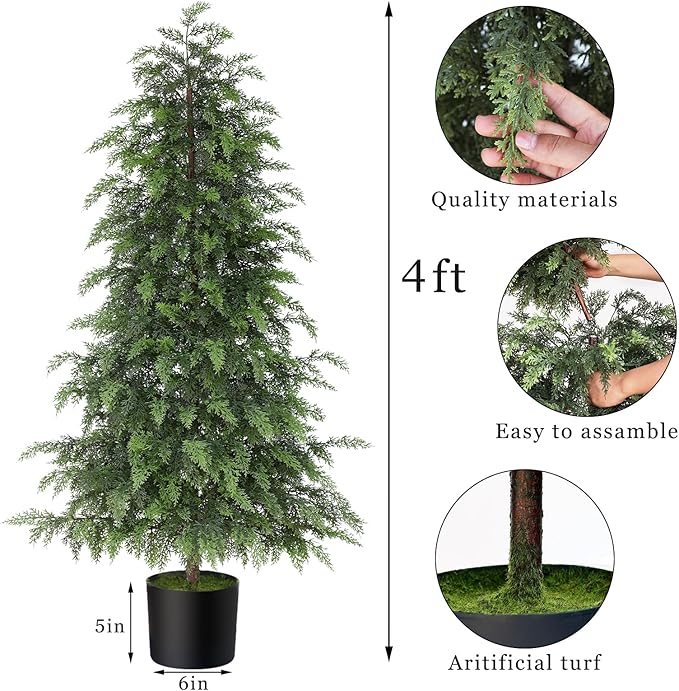 4FT Real Touch Cedar Topiary Trees for Front Porch Decor, Artificial Shrubs Faux Plants Potted UV Resistant Fake Greenery for Outdoor Indoor Door Garden Farmhouse Home Decoration (Set of 2)