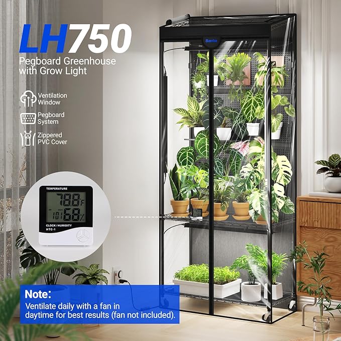 Barrina LH750 Pegboard Indoor Greenhouse with Grow Light, Plant Cabinet with 4PCS 5000K Full Spectrum Grow Lamps, 3 Adjustable Pegboards, 2 Racks, Wheel, for Foliage Plant, Seedling, 29.5x13.8x67.9IN