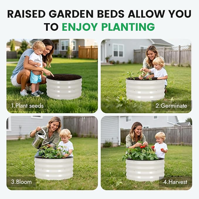 INNO STAGE 3 Pcs Round Galvanized Raised Garden Bed — 2×2×1ft Planter Box Outdoor Raised Beds Kit for Gardening Vegetables, Fruits, Herbs, and Flowers, White