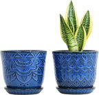 Gepege 6 Inch Blue Ceramic Planter, Plant Pot with Drainage Holes and Saucers for Indoor Plants, Birthday for Women Mom