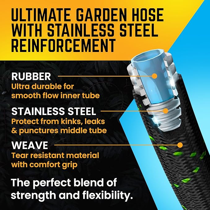 PowerFlow Garden Hose, NON-EXPANDABLE 75 Feet Premium Quality Stainless Steel Metal Water Hose with Durable Fabric Skin, Hose For Commercial, Residential Use, Bonus 10-way Spray Nozzle (75 Ft, Black)